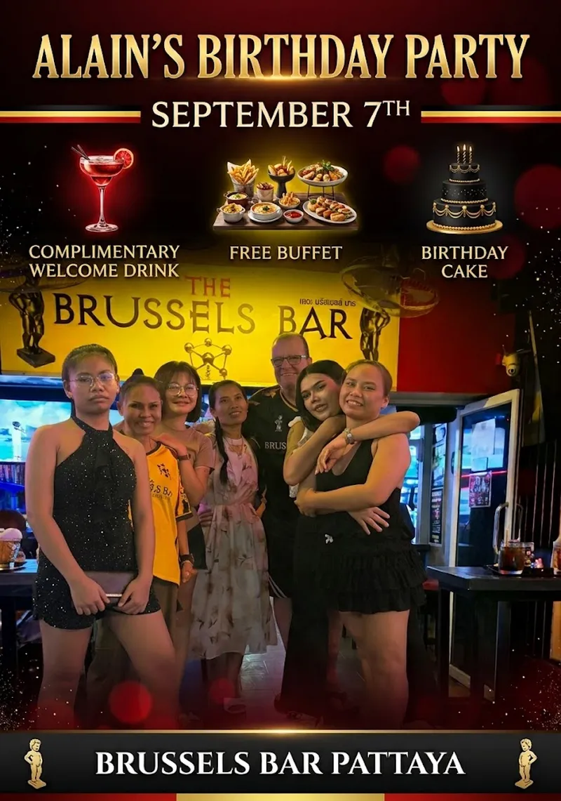 Poster for Alain's birthday party at the Brussels Bar in Pattaya, featuring a photo of Alain with his staff.