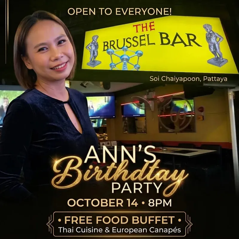 Poster for Ann's birthday party at the Brussels Bar in Pattaya, featuring a photo of Ann in the Brussels Bar.