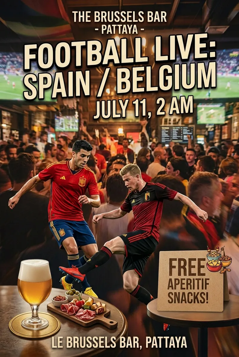 Live football evening announcement with the Spain vs Belgium July 11 at the bar.