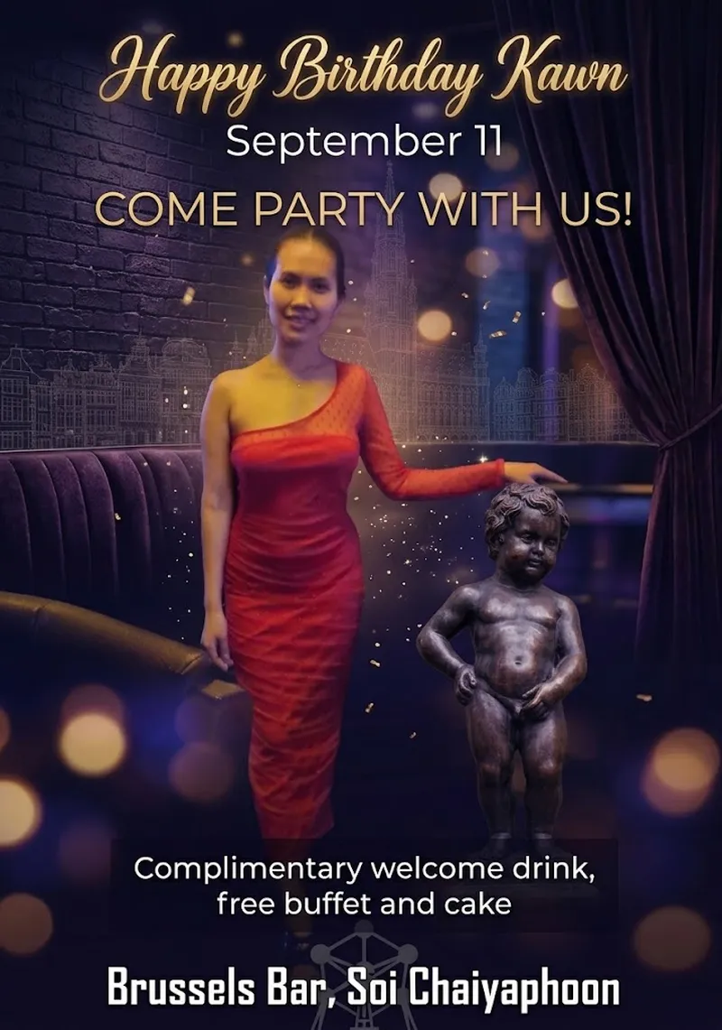 A poster advertising a birthday party for a waitress wearing a long dress at an exclusive club.