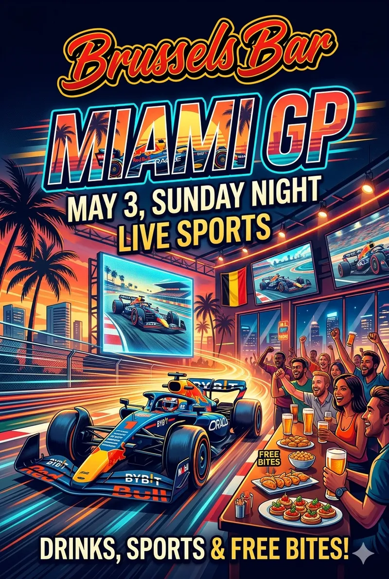 Brussels Bar Pattaya sports bar poster for Miami F1 Grand Prix live broadcast on May 3, featuring Formula 1 racing car and fans enjoying drinks and free bites.
