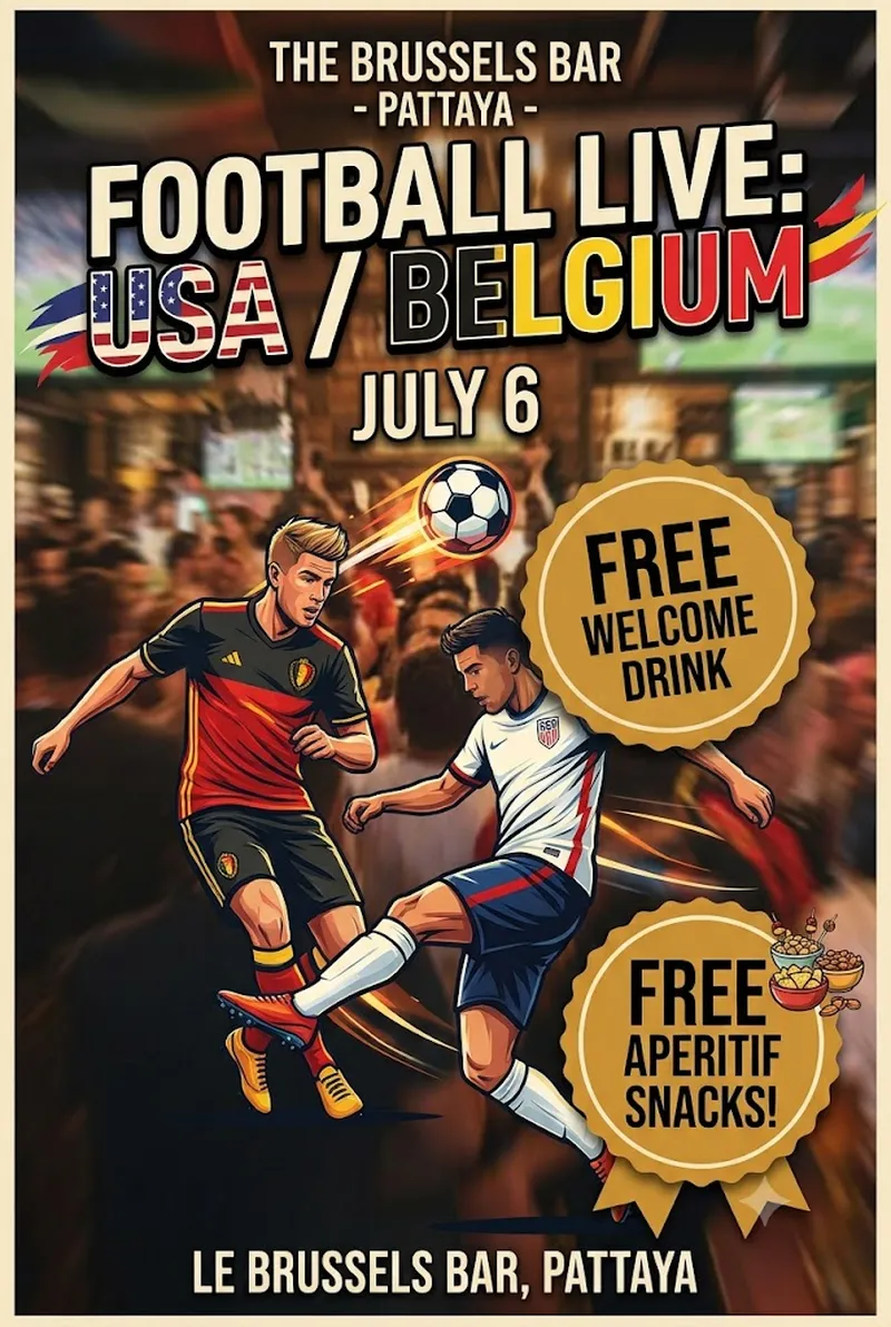 Poster announcing the soccer night on July 6, featuring a live broadcast of the game.