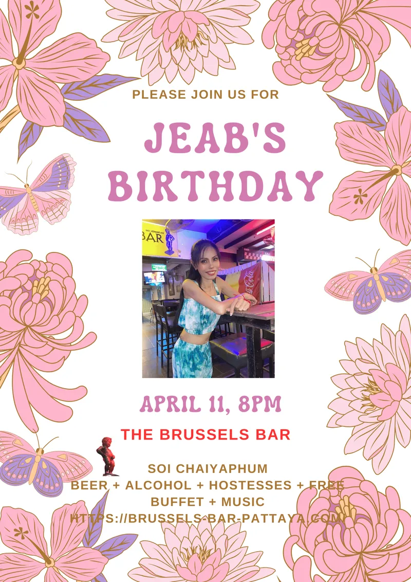 Event poster for Jeab the manager's birthday party celebration at The Brussels Bar.