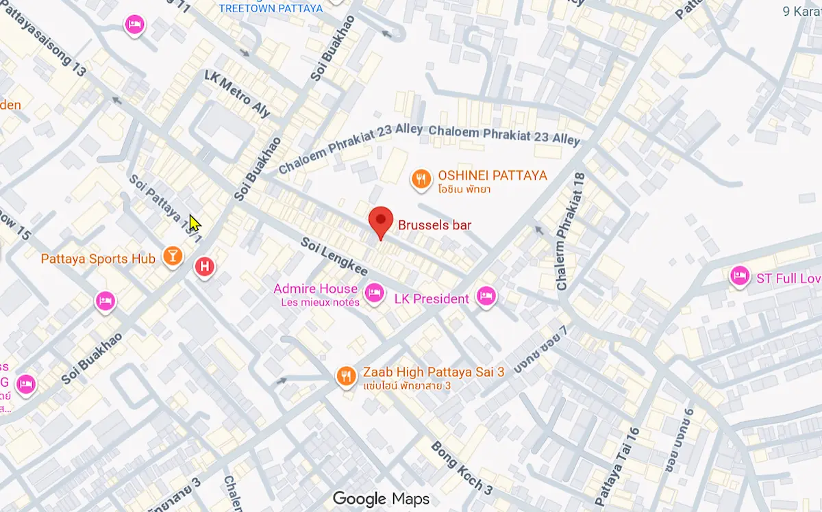 Google Maps location of The Brussels Bar in Pattaya, showing the exact address and surroundings.