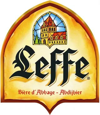 Leffe beer logo, an abbey beer and the abbey depicted in a stained-glass window with its traditional red styling.