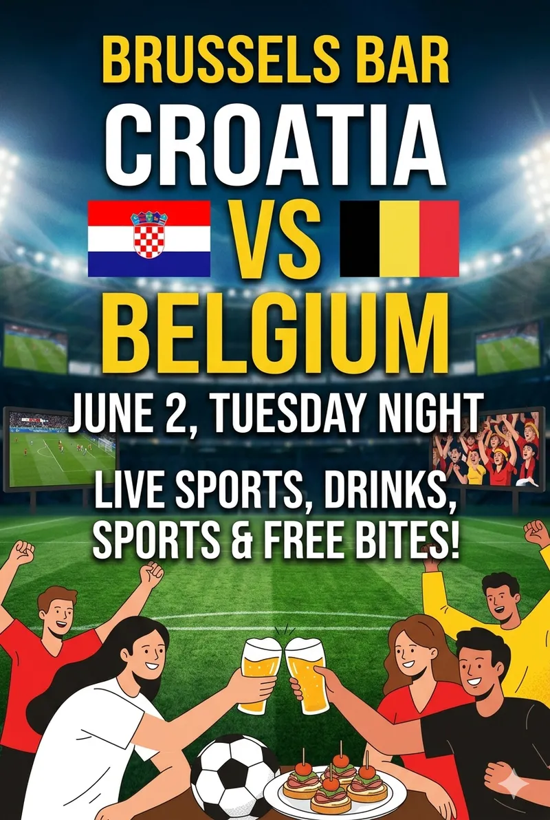 Live football evening announcement with the Croatia vs Belgium match at the bar.