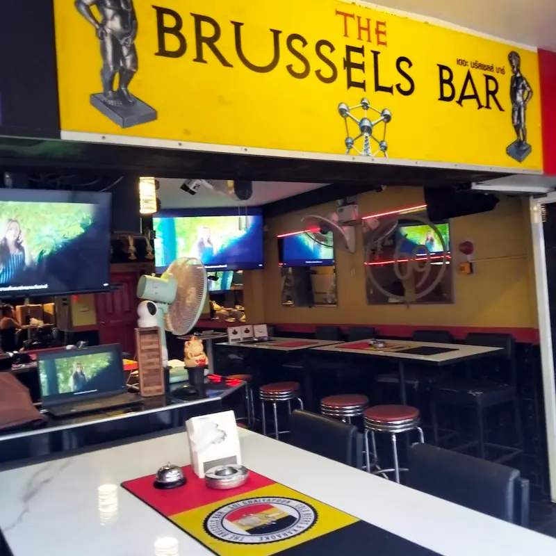 Terrace and welcoming entrance to the Belgian bar near Walking Street.